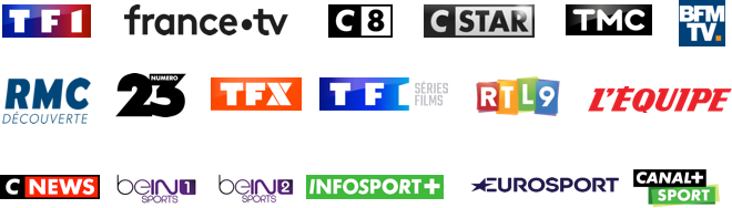 20 chaînes tv : TF1 France tv C8 CSTAR TMC BFMTV RMC Découverte Numéro 23 TFX TF1 Séries Film RTL9 L'Équipe CNEWS bein Infosport Eurosport Canal + Sport
